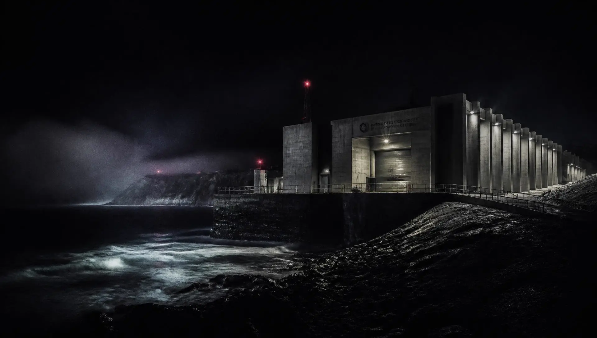 A subsea fibre optic cable landing station on a rocky coastline at night