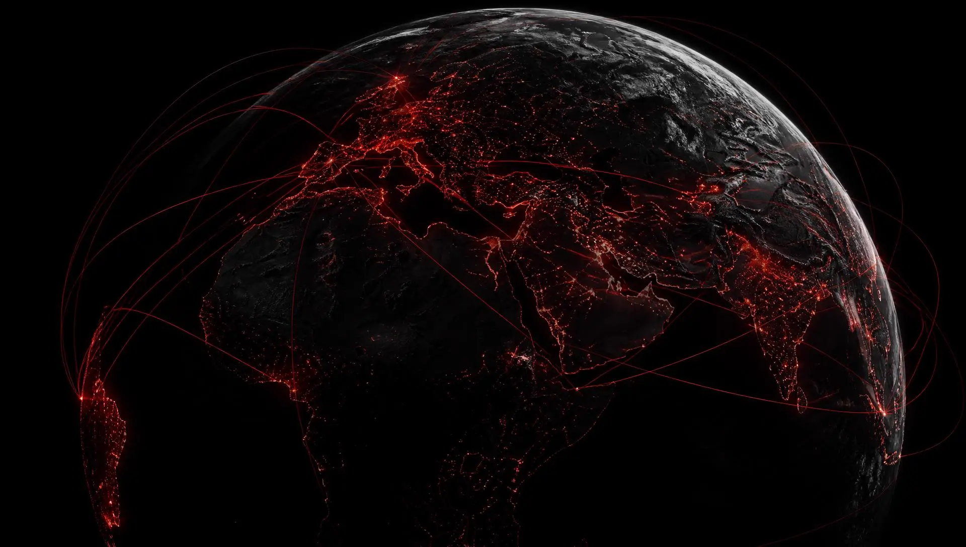 The Earth at night with international voice routes arcing between continents